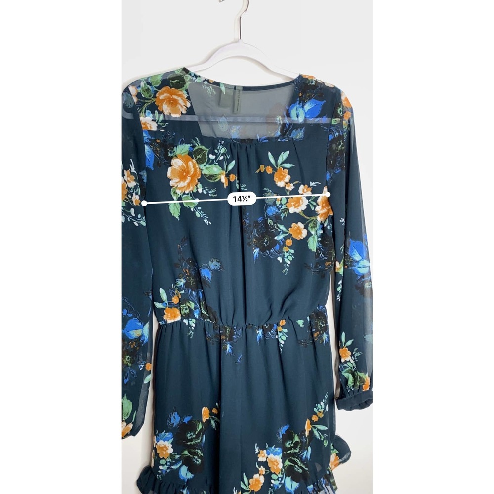 Japna Navy Floral Summer Sheer Ruffle Romper Size L Large V Neck Blue Green - Picture 8 of 10